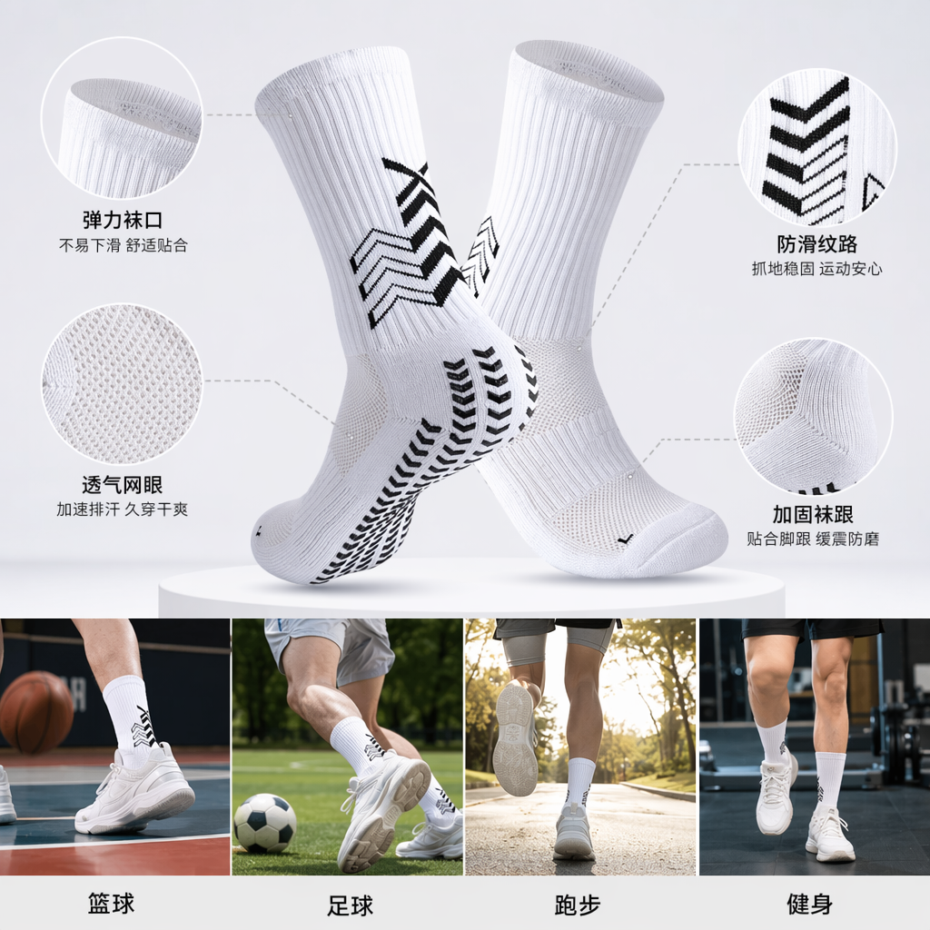 白色运动袜 透气吸汗纯棉针织男女同款