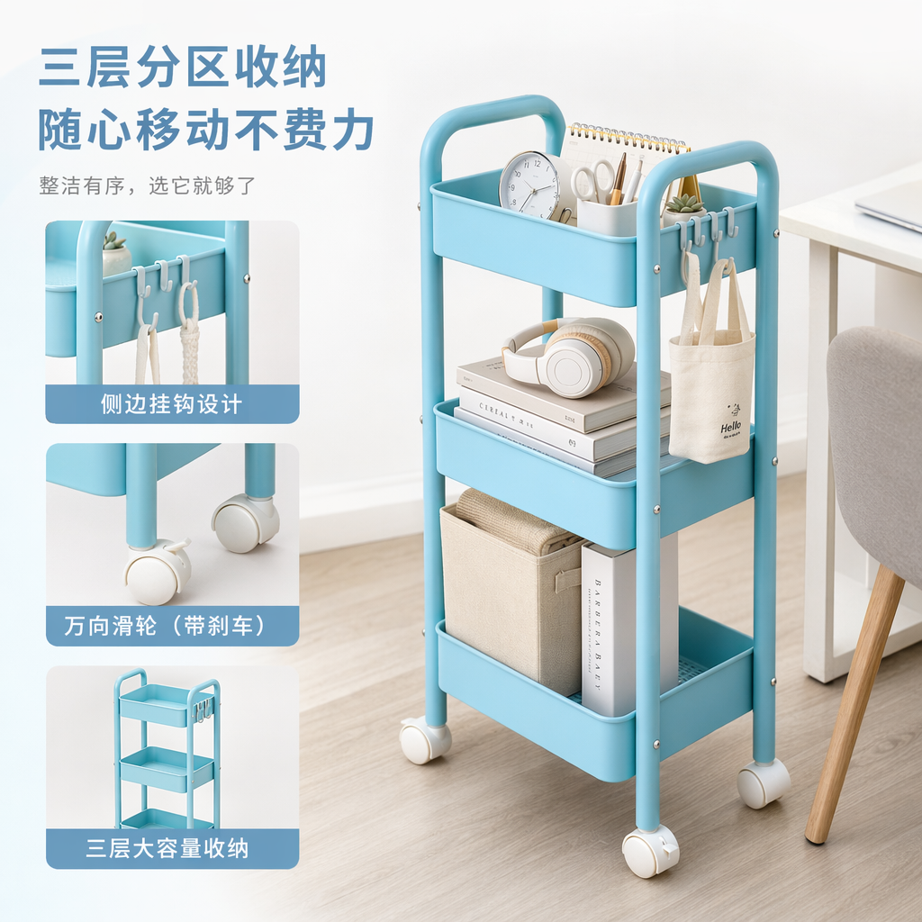 浅蓝色三层置物推车家用可移动带轮收纳车图