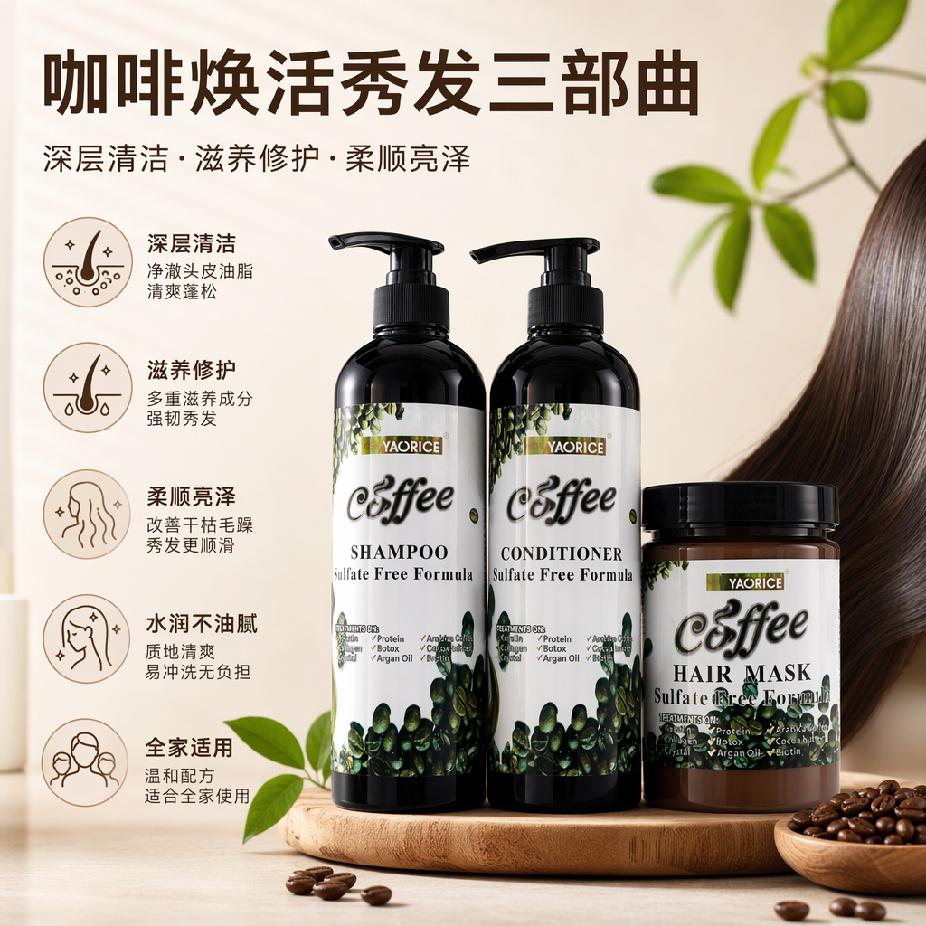 YAORICE咖啡洗护套装 洗发水护发素发膜三件套图