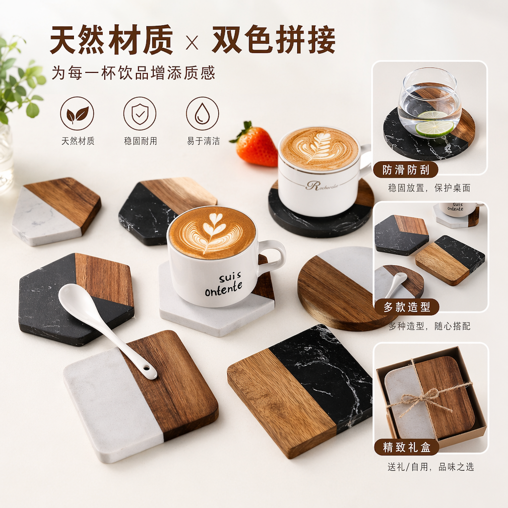 Marble and wood grain spliced coasters, anti-slip and heat-insulating home dining table decoration set