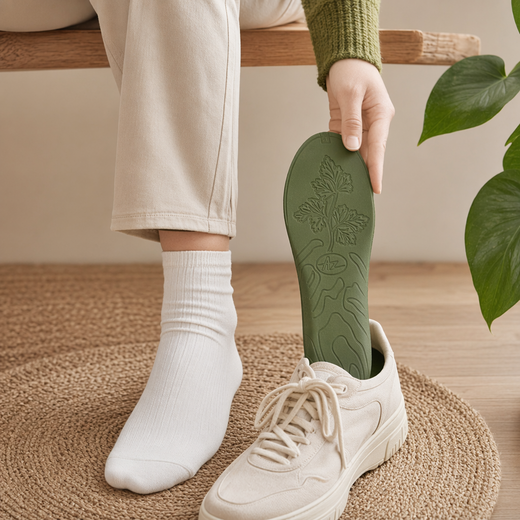The green insole has a white mesh on the left and an olive green leaf-shaped AZ logo on the right details Picture