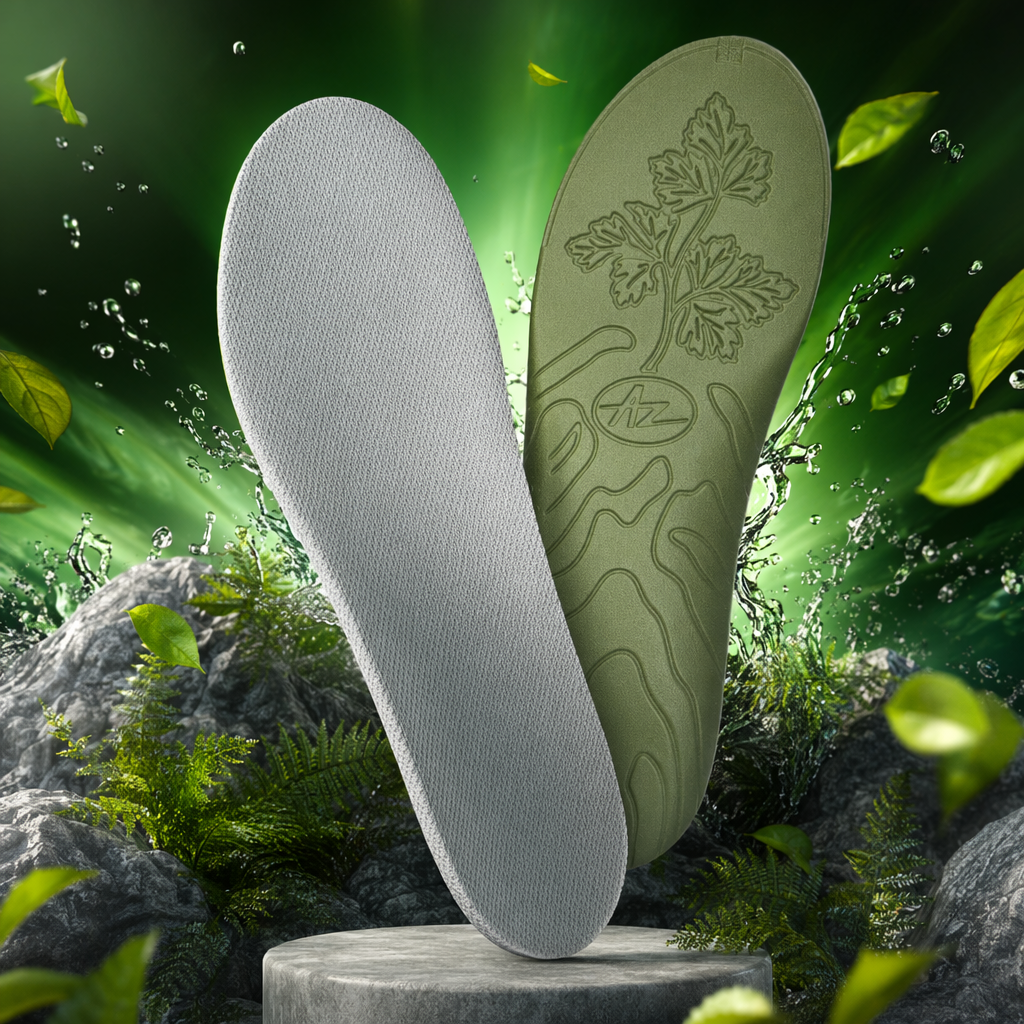 The green insole has a white mesh on the left and an olive green leaf-shaped AZ logo on the right Specification image