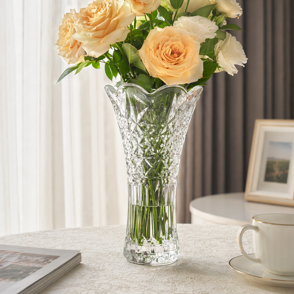 The transparent crystal vase is a decorative item for the living room table with high light transmittance and a simple Nordic style details Picture