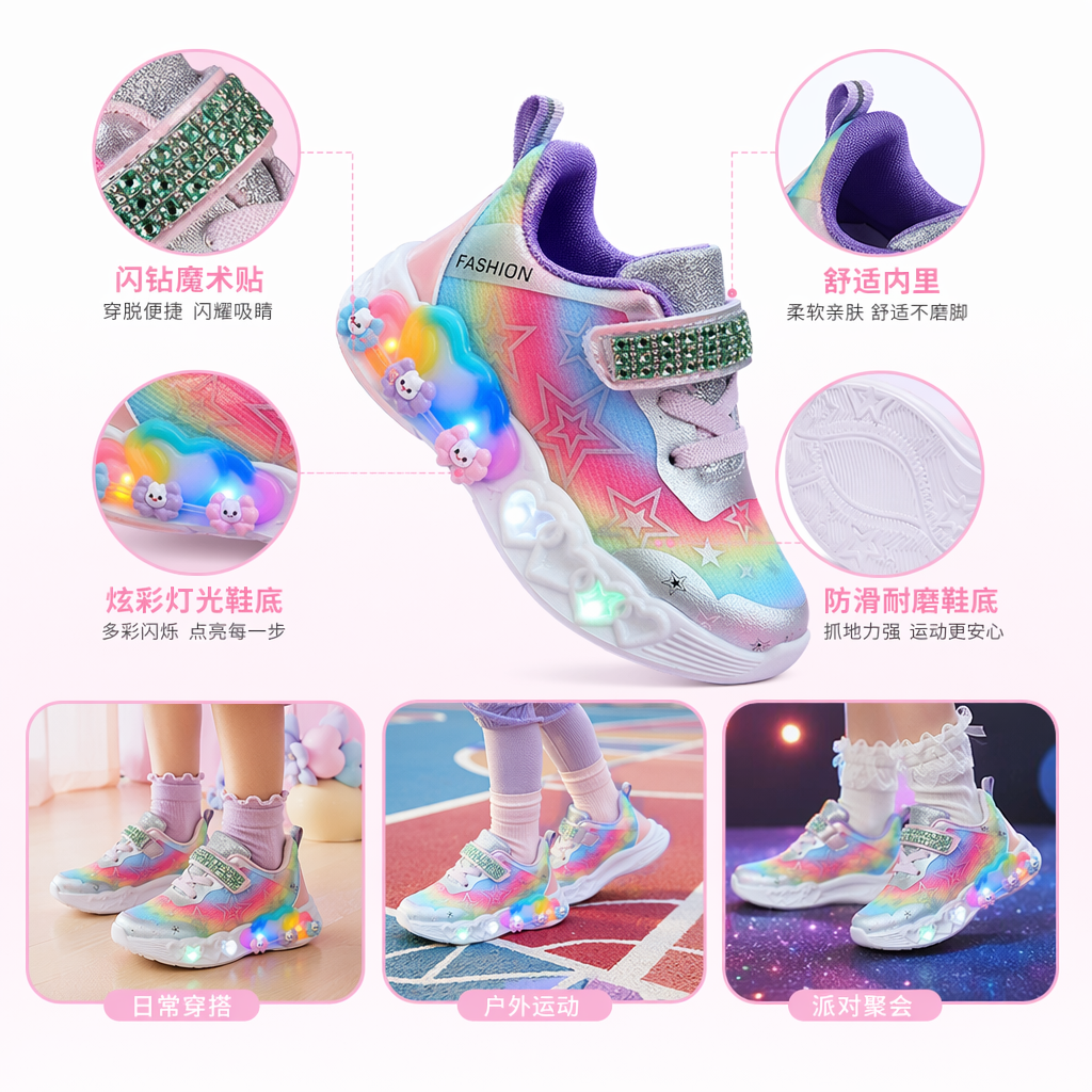 彩虹渐变发光儿童运动鞋 舒适透气夜光童鞋