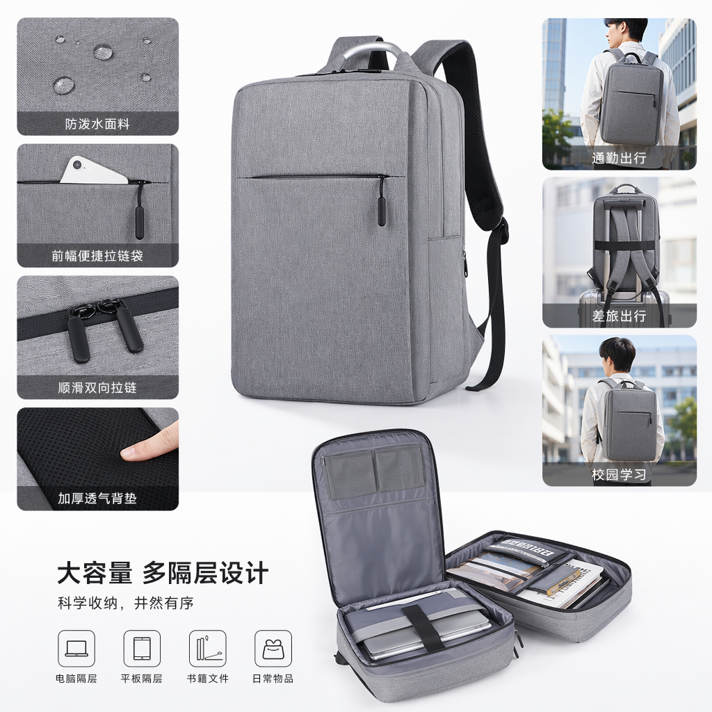 A simple and fashionable grey commuter backpack, a large-capacity lightweight travel bag suitable for both men and women