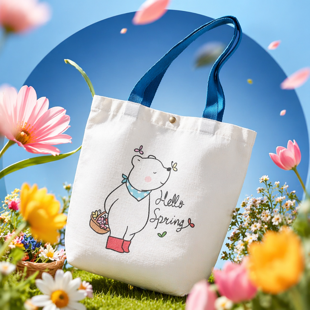 A simple and versatile white canvas bag with a cartoon bear pattern Specification image