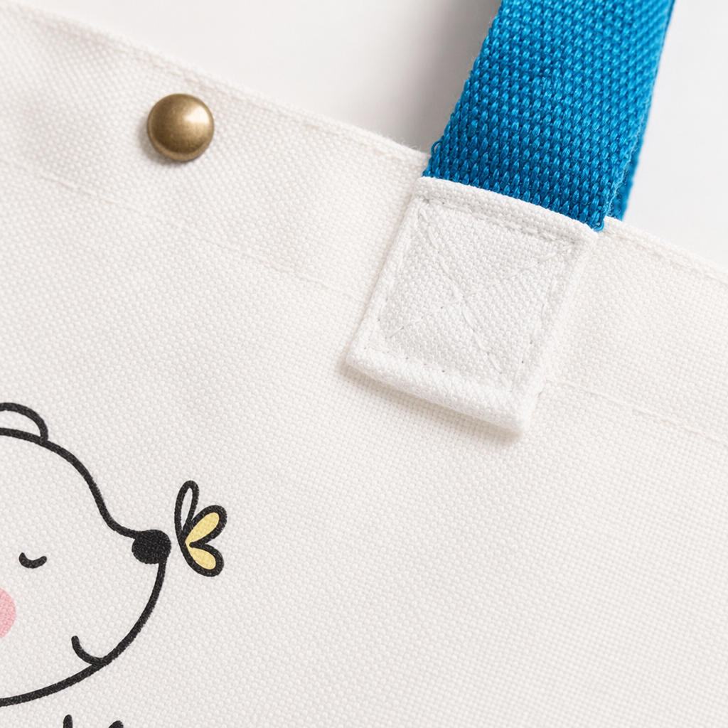 A simple and versatile white canvas bag with a cartoon bear pattern Application Scenario