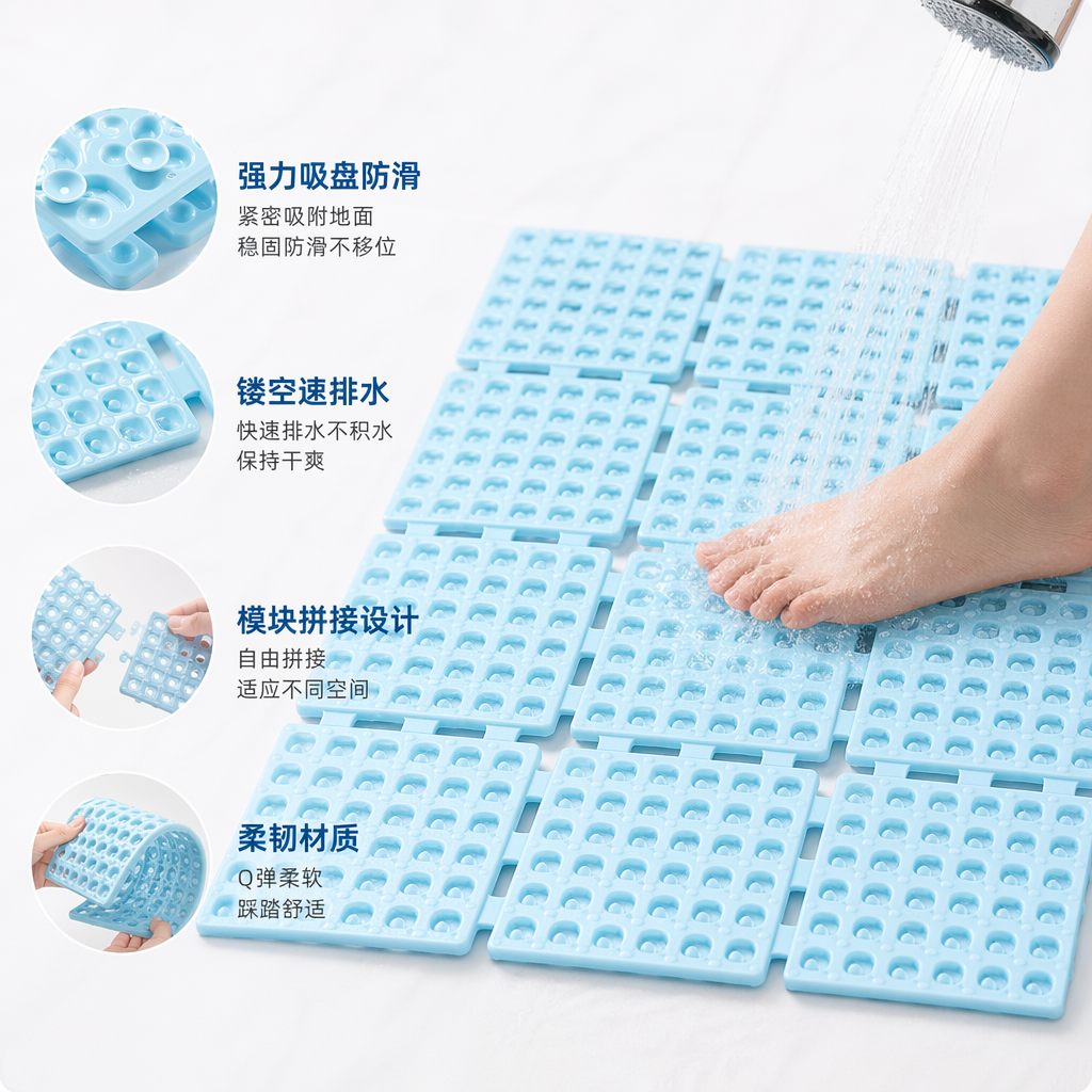 Light blue bathroom anti-slip mat, thickened suction cup type household kitchen and bathroom floor mat