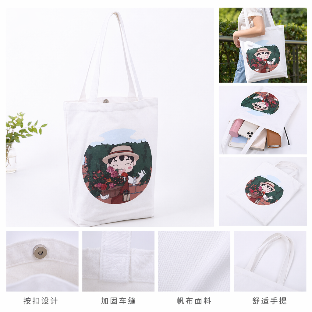 白色帆布袋卡通男孩戴草帽手持花篮图案款