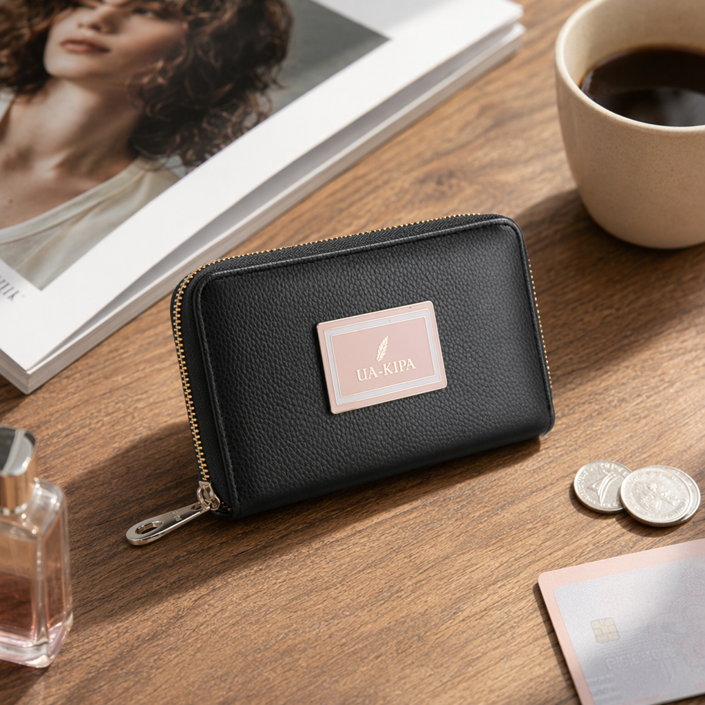 Black textured zipper wallet for ladies, simple and fashionable leather small change storage details Picture