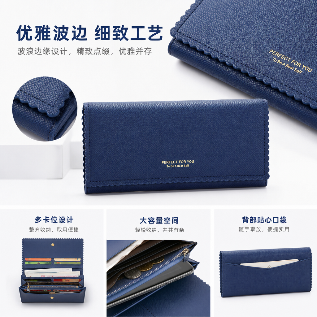 Deep blue textured men's genuine leather wallet, long multi-functional card wallet