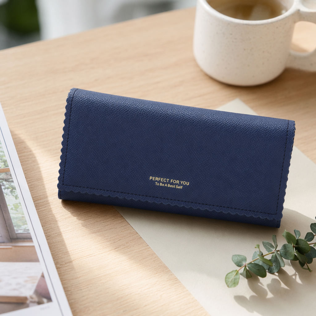 Deep blue textured men's genuine leather wallet, long multi-functional card wallet details Picture