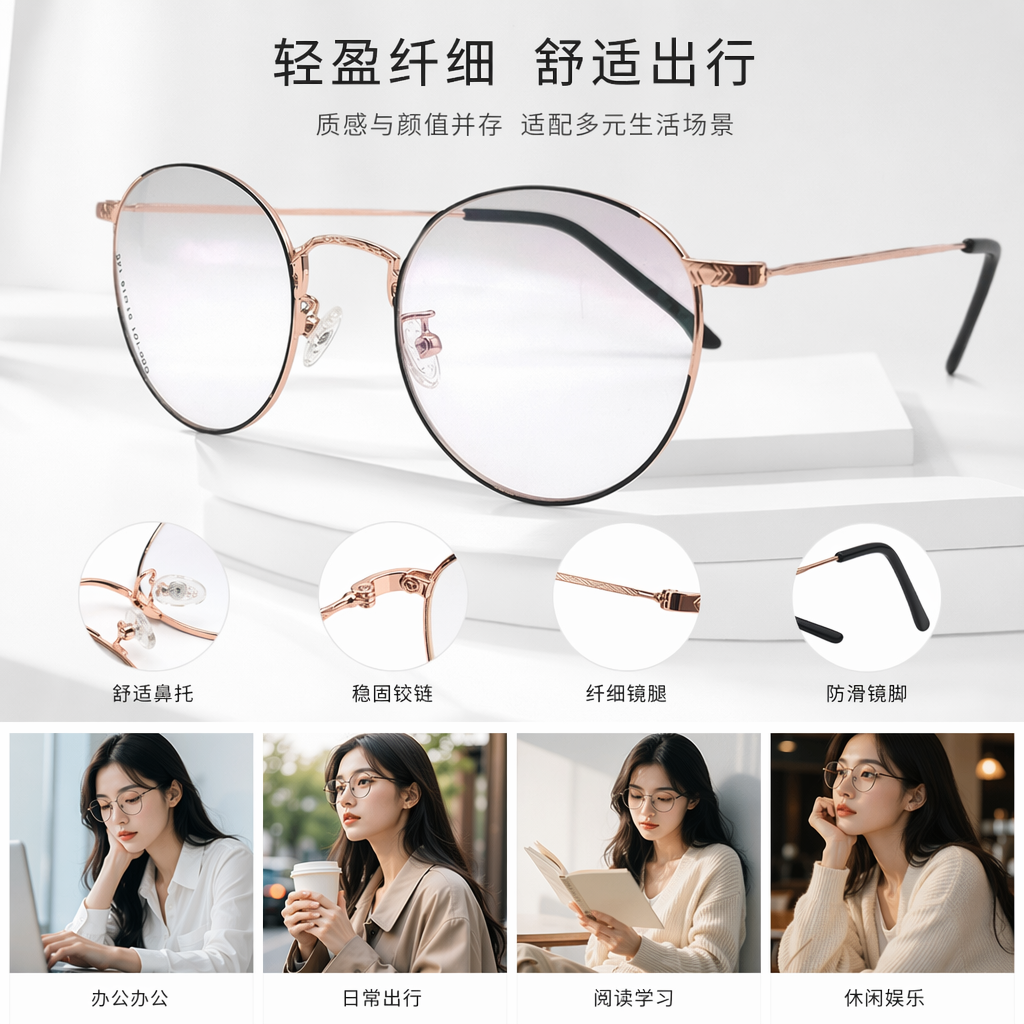 玫瑰金细框圆形眼镜 时尚轻盈防蓝光光学镜架