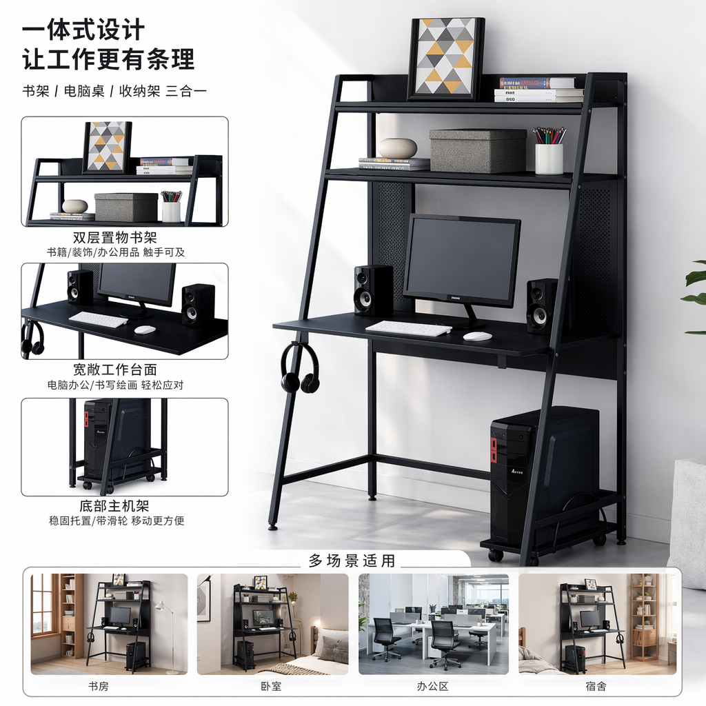 The black and simple desk stand is made of solid wood multi-layer board, which is load-bearing and stable, suitable for office and study