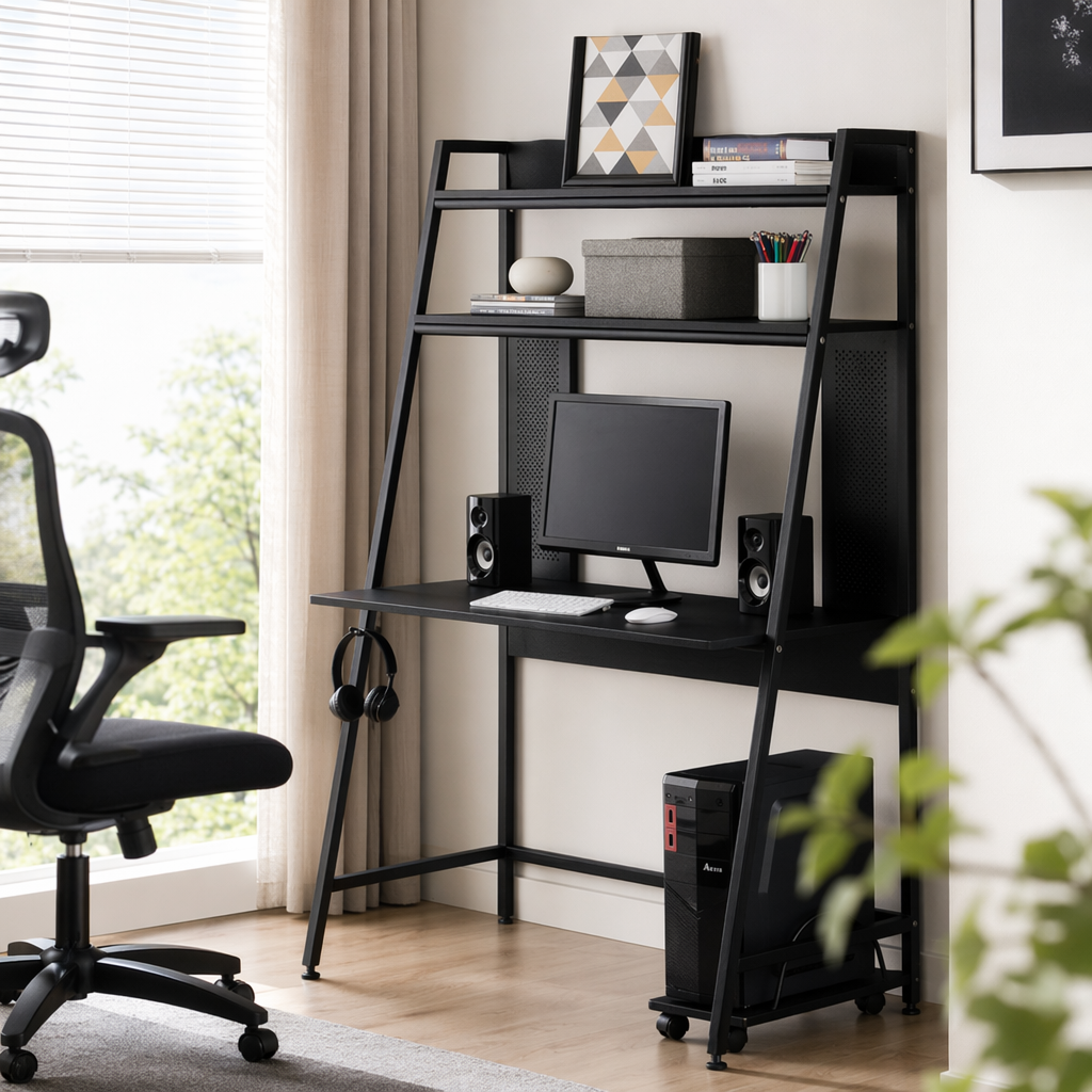 The black and simple desk stand is made of solid wood multi-layer board, which is load-bearing and stable, suitable for office and study details Picture