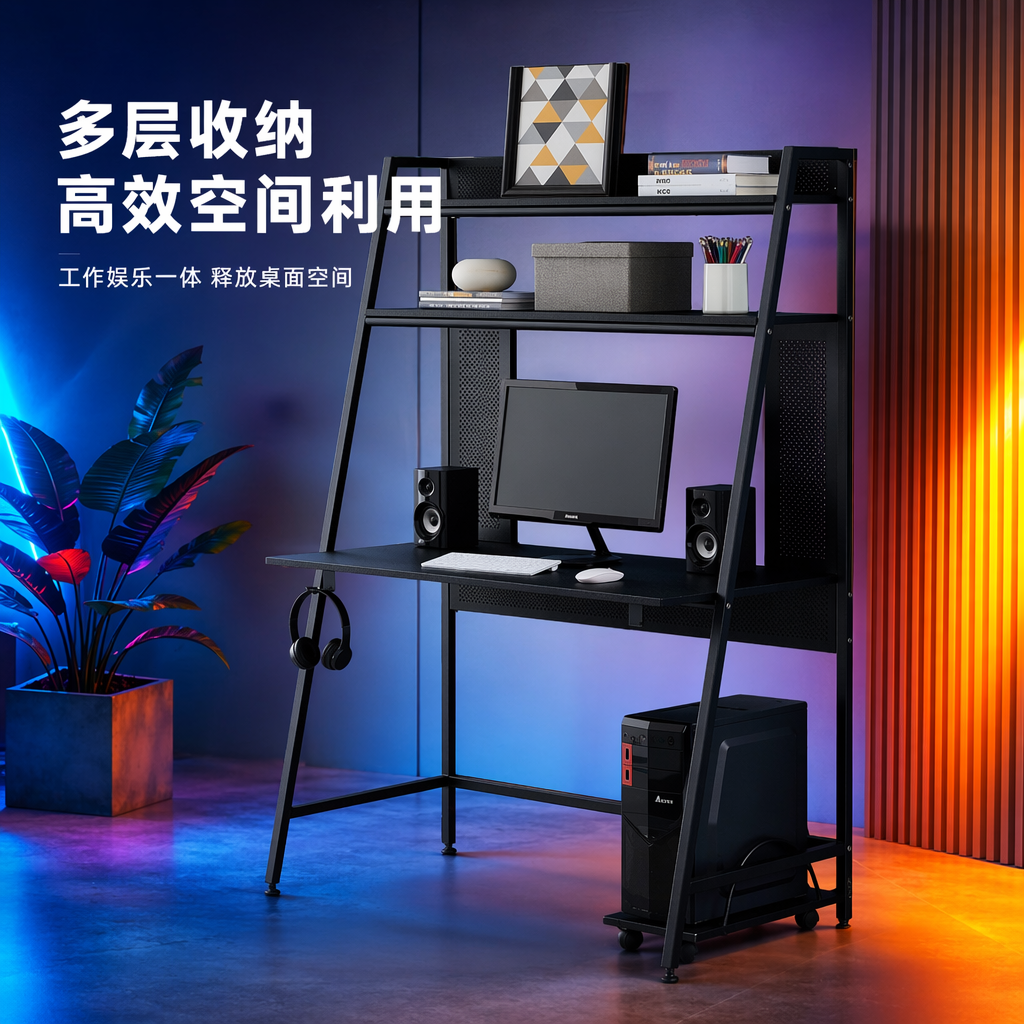 The black and simple desk stand is made of solid wood multi-layer board, which is load-bearing and stable, suitable for office and study Specification image
