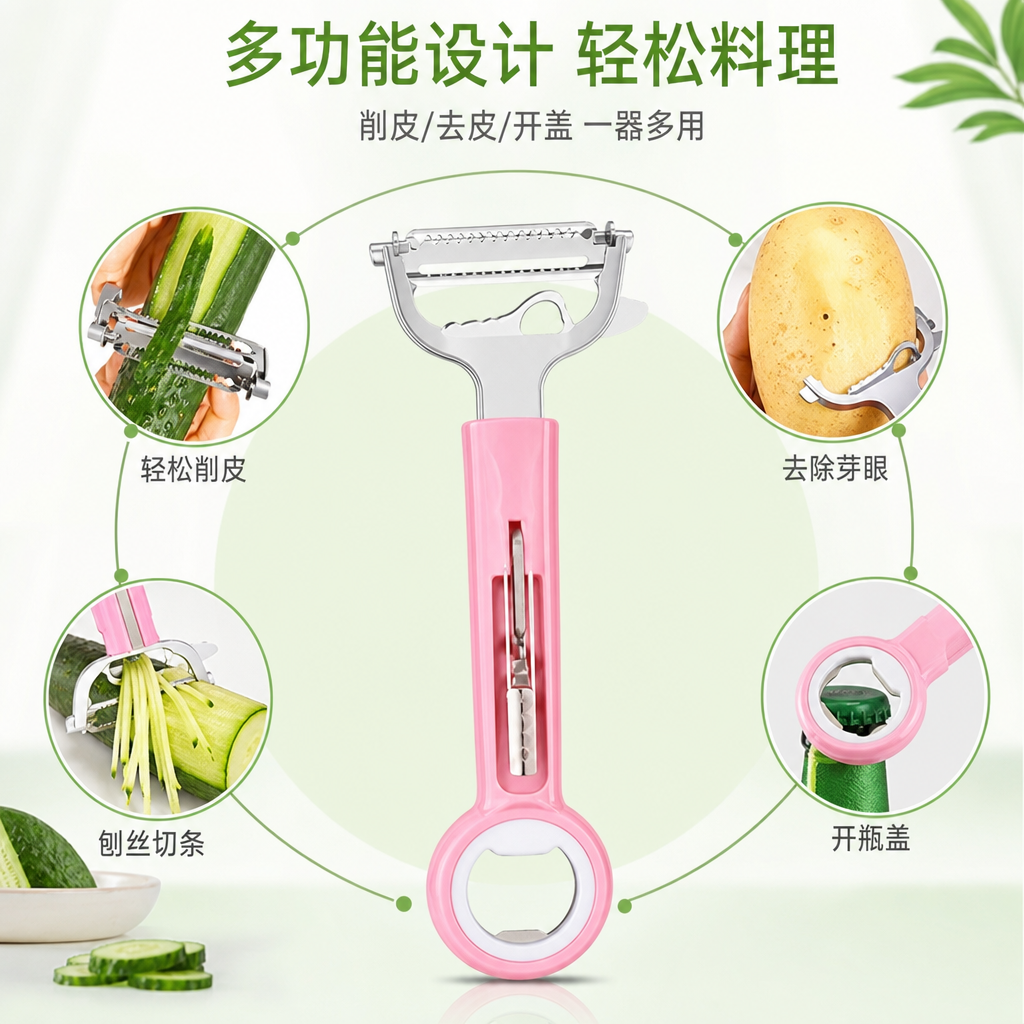 粉色水果削皮器 不锈钢刀头 防滑手柄 苹果梨桃专用 厨房小工具