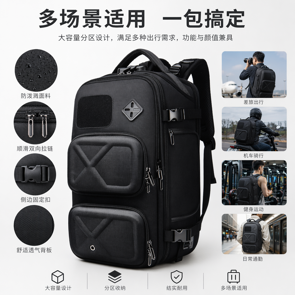黑色耐磨尼龙通勤背包轻量防泼水设计