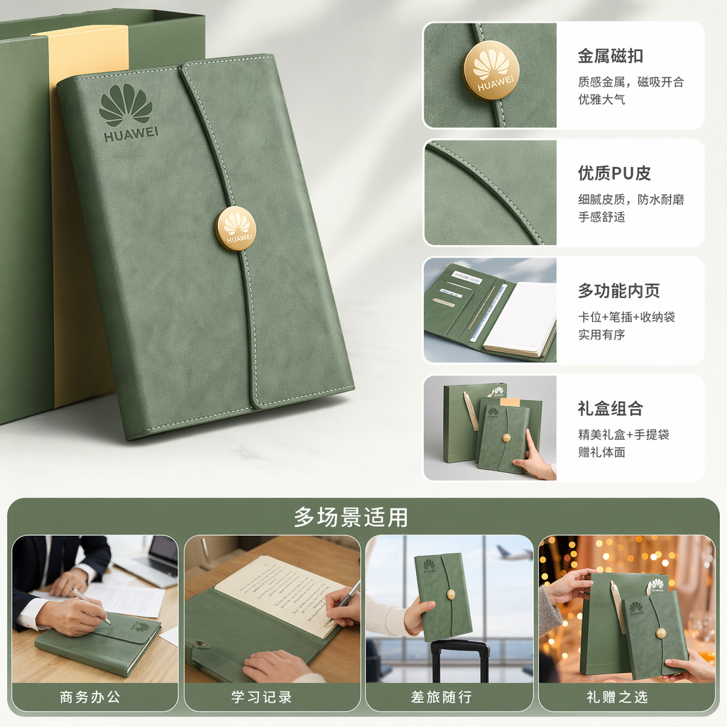 绿色三折圆扣笔记本 华为标志金色圆扣 手持展示同色系礼盒手提袋