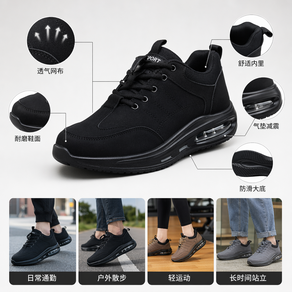 气垫运动休闲鞋黑色棕色灰色系带款配黑色鞋底