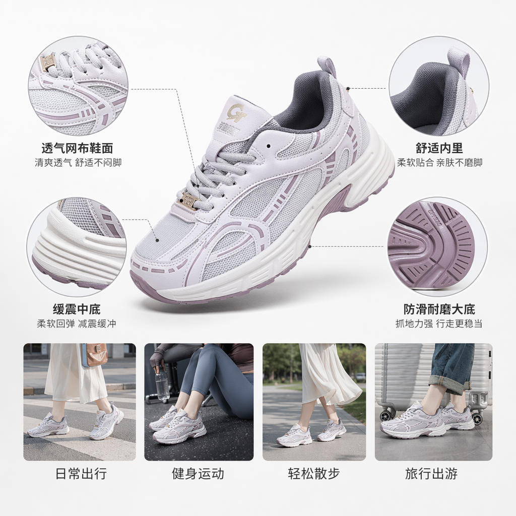 厚底网面复古风白色浅粉黑色灰粉运动鞋四色可选