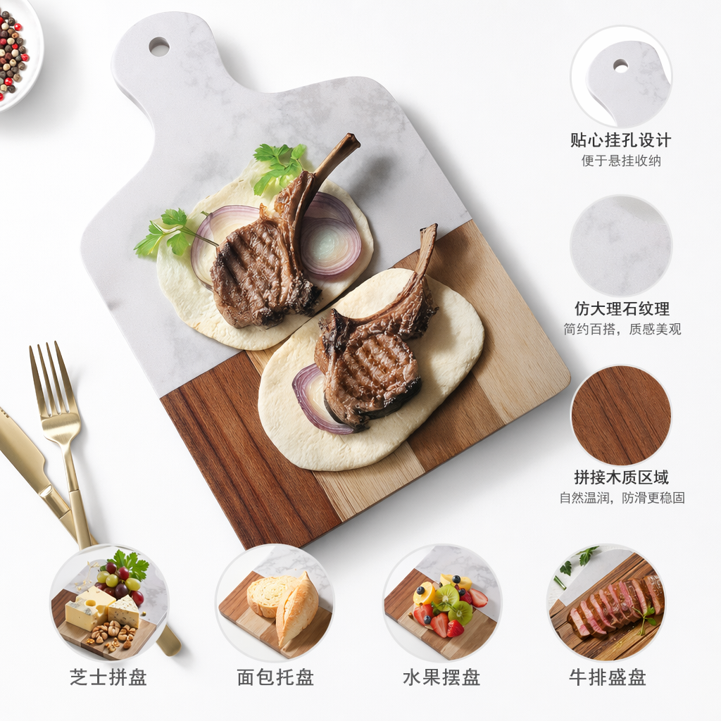 白色大理石纹原木拼接砧板烤羊排卷饼菜板披萨盘子
