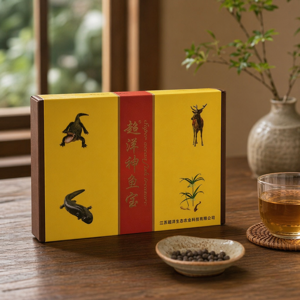 超洋神鱼宫黄色包装盒 大鲵鹿图案 保健品药盒 江苏超洋生态农业 details Picture