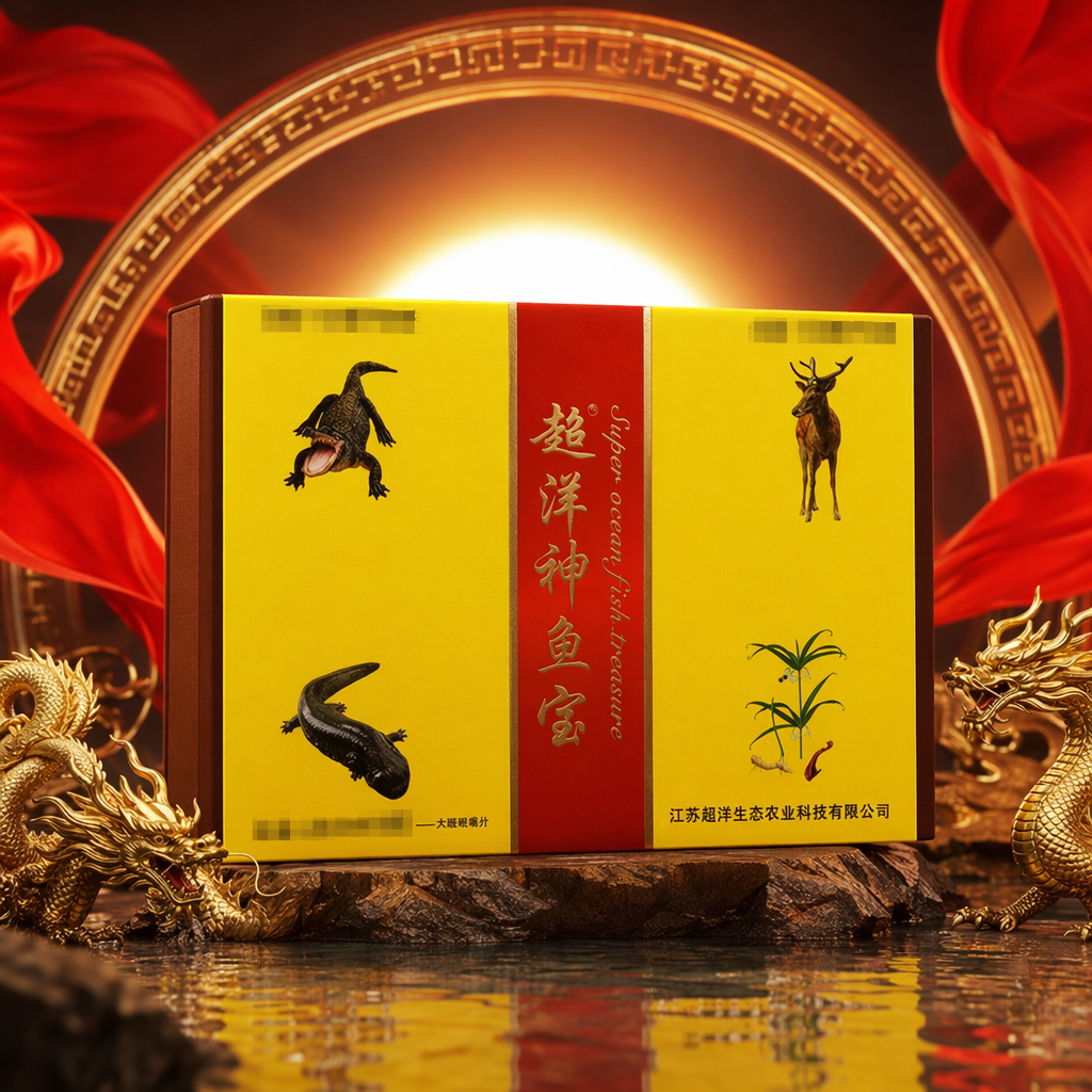 超洋神鱼宫黄色包装盒 大鲵鹿图案 保健品药盒 江苏超洋生态农业 Specification image