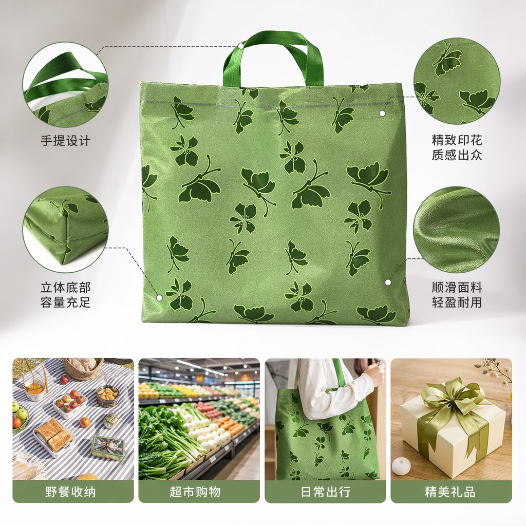绿色花卉图案手提袋简约环保棉麻购物袋