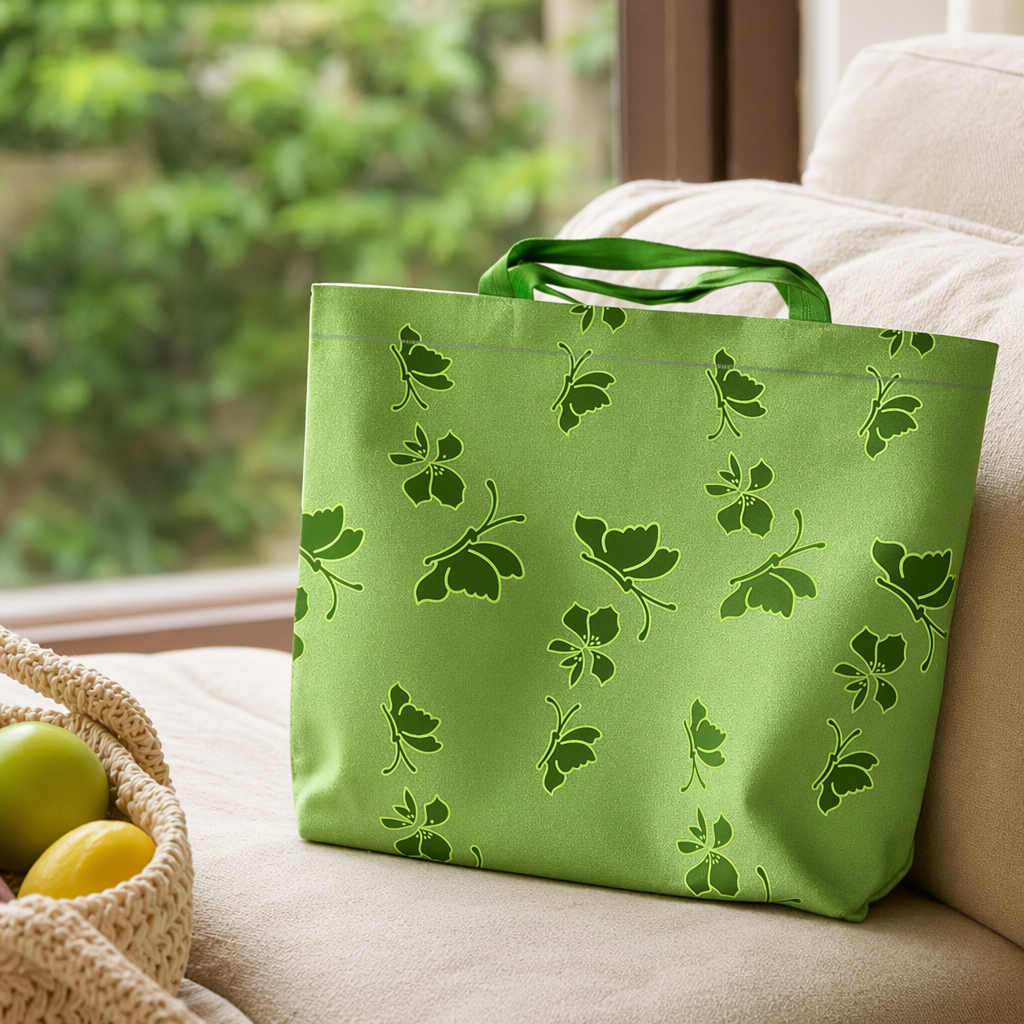Green floral pattern handbag, simple and eco-friendly cotton and linen shopping bag details Picture