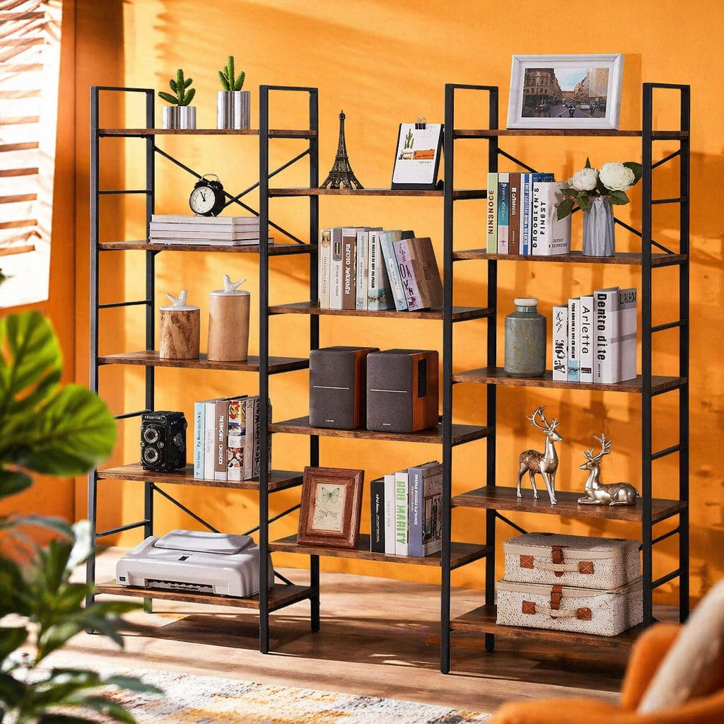 أرفف خشبية بنية اللون ذات إطار معدني أسود توازي الرفوف المخصصة لغرف النوم العصرية Specification image