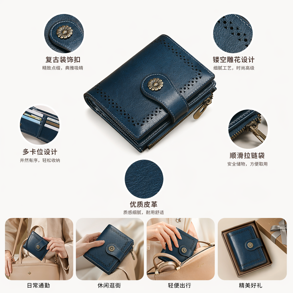 蓝色皮质男士长款钱包真皮复古简约商务休闲