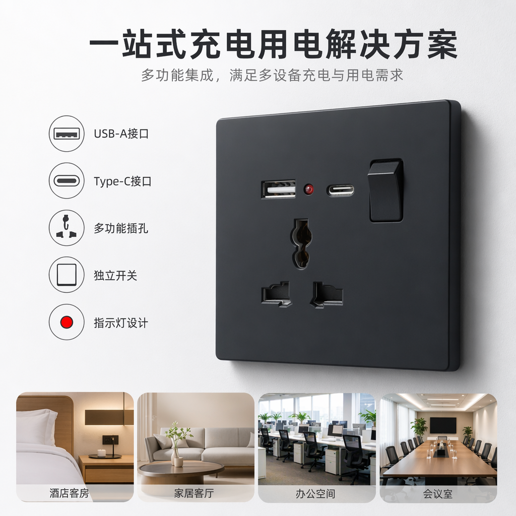 T5 Black multi-functional USB+C wall socket panel, home wall-mounted safety anti-electric shock outlet