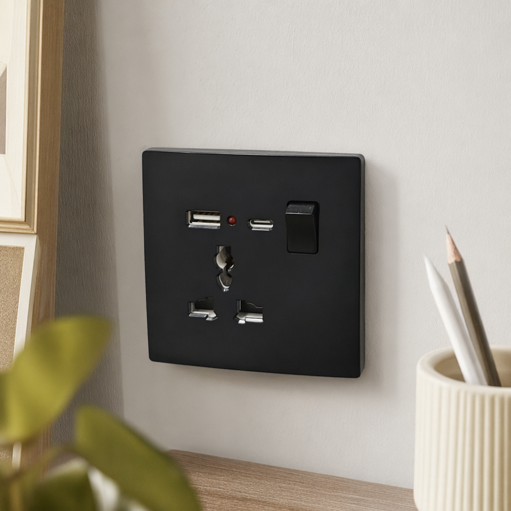 T5 Black multi-functional USB+C wall socket panel, home wall-mounted safety anti-electric shock outlet details Picture