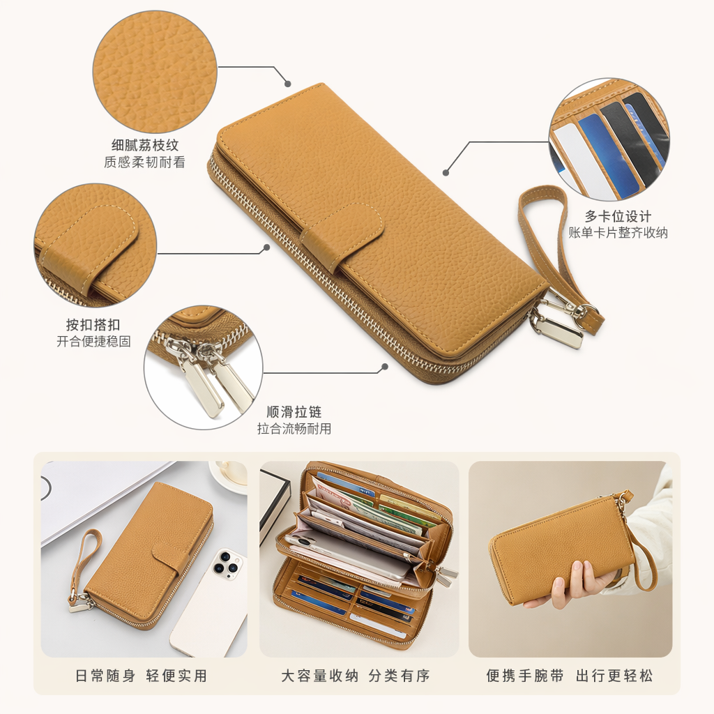 Brown leather long wallet for women, simple and large-capacity loose change pocket bag