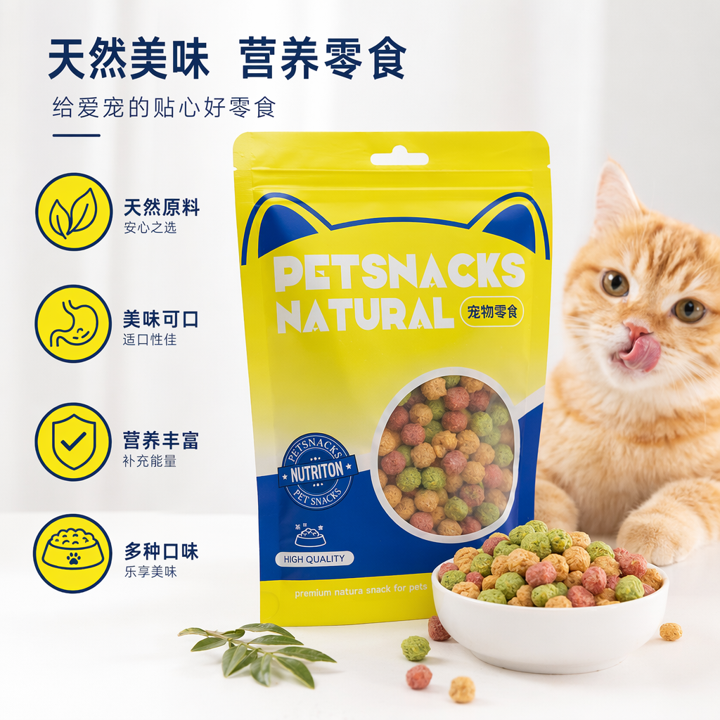 黄色蓝边猫形包装袋 宠物零食 猫咪磨牙洁齿小食