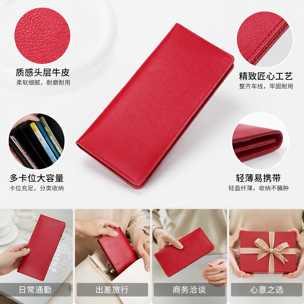 This short, lightweight and wear-resistant red leather wallet for commuting and business men