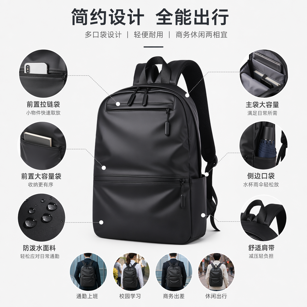 黑色耐磨尼龙通勤背包轻量大隔层学生上班族适用