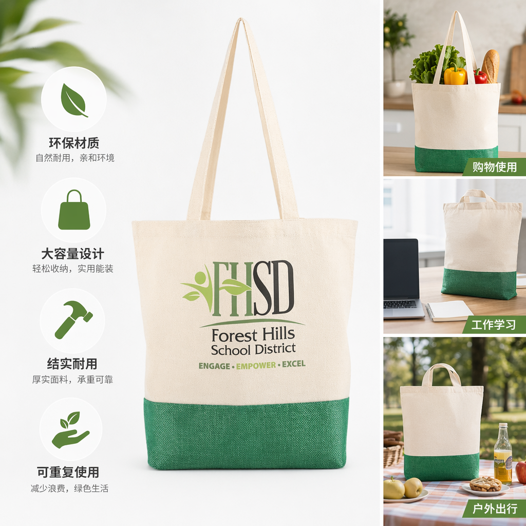 米色帆布绿底手提袋简约时尚环保购物袋