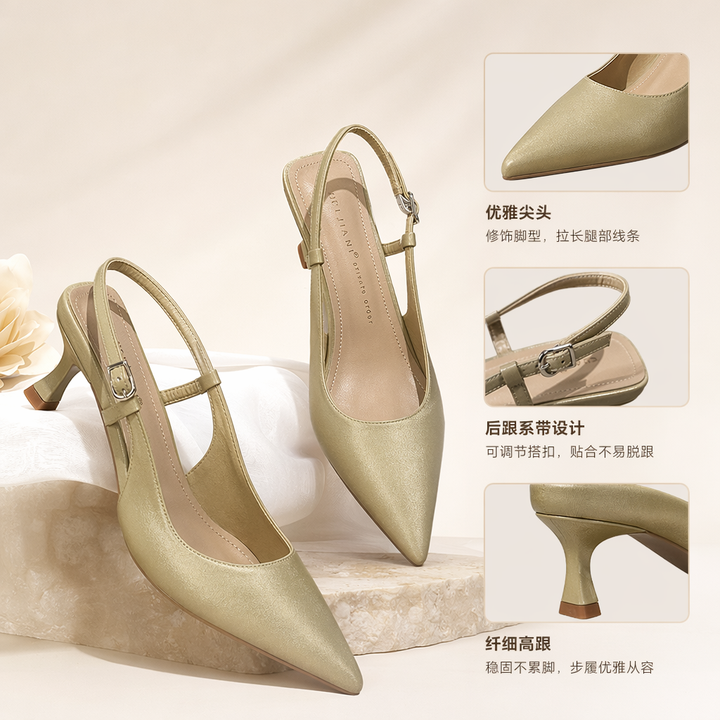 金色尖头高跟凉鞋真皮细跟通勤百搭女鞋