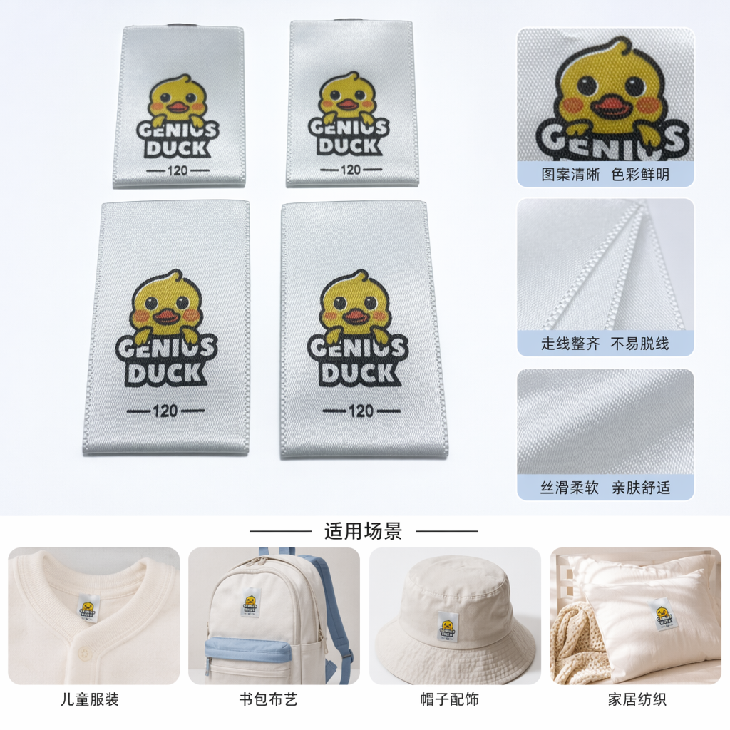 白色织唛标签 黄色小鸭卡通图案 GENIUS DUCK 120