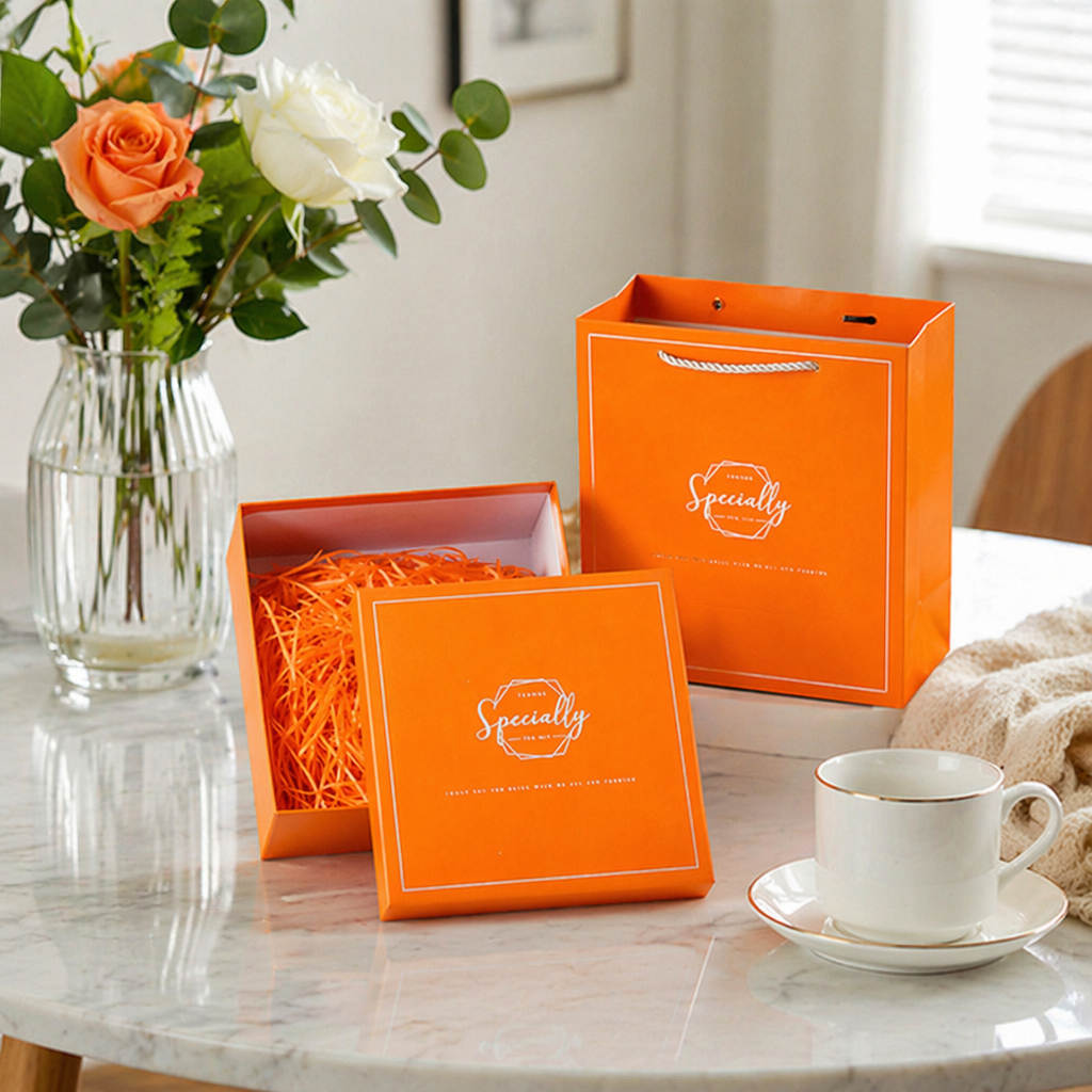 Orange gift box and gift bag combination set for festival, wedding and party packaging supplies details Picture