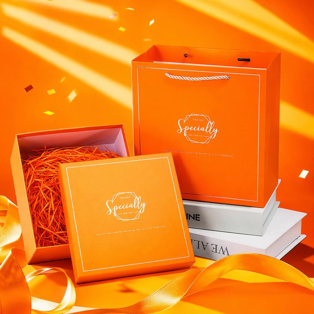 Orange gift box and gift bag combination set for festival, wedding and party packaging supplies Specification image