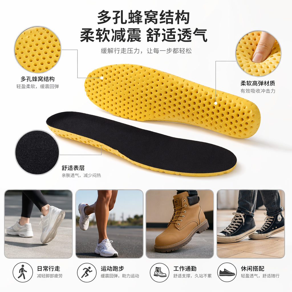 黄色防滑吸汗鞋垫 透气舒适男女通用