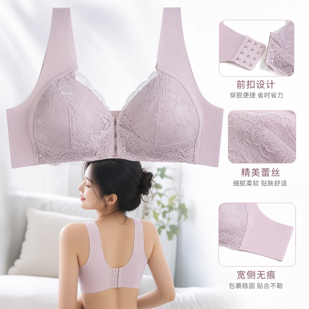 淡粉色蕾丝文胸聚拢无钢圈舒适内衣女