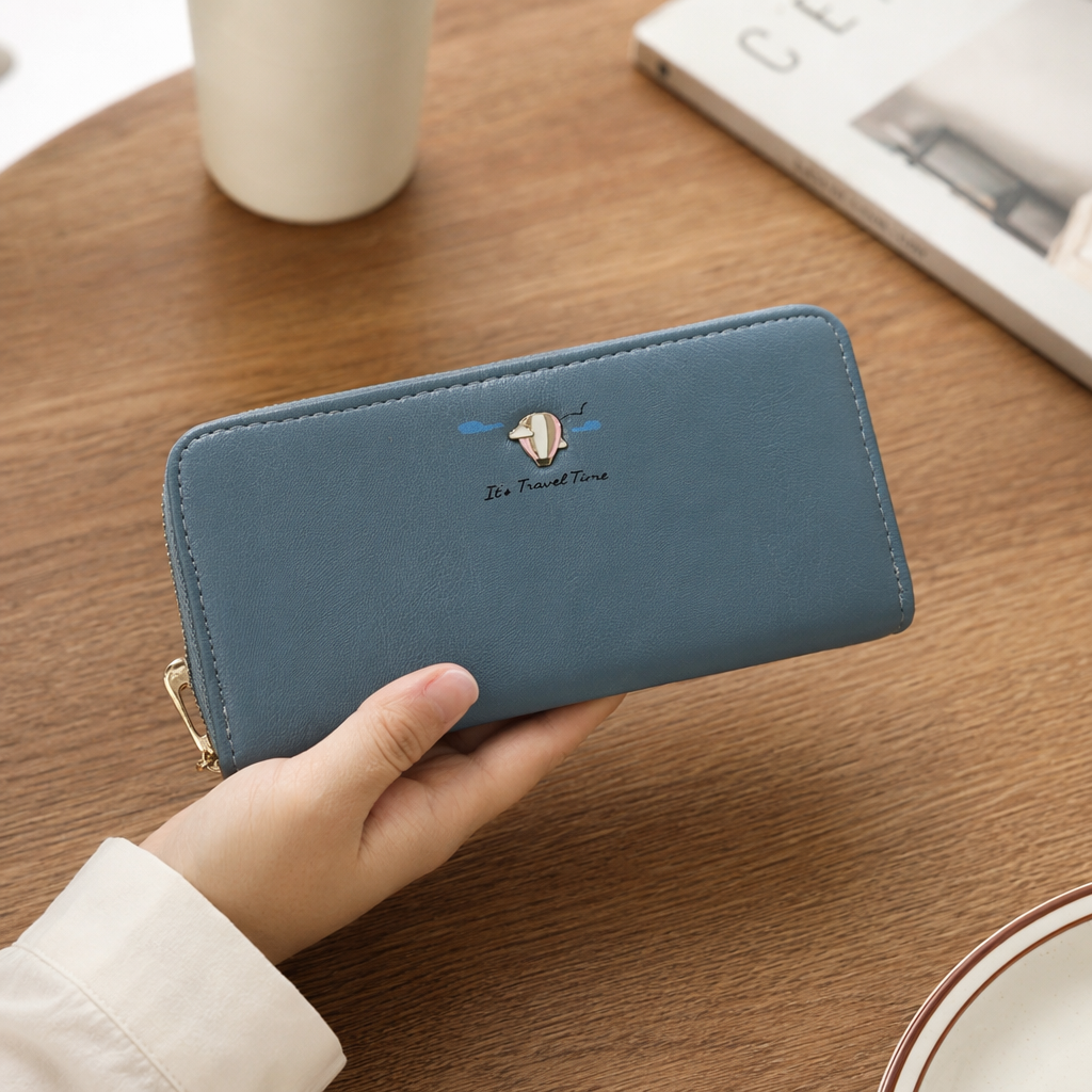 Blue genuine leather long wallet, unisex simple business casual style details Picture