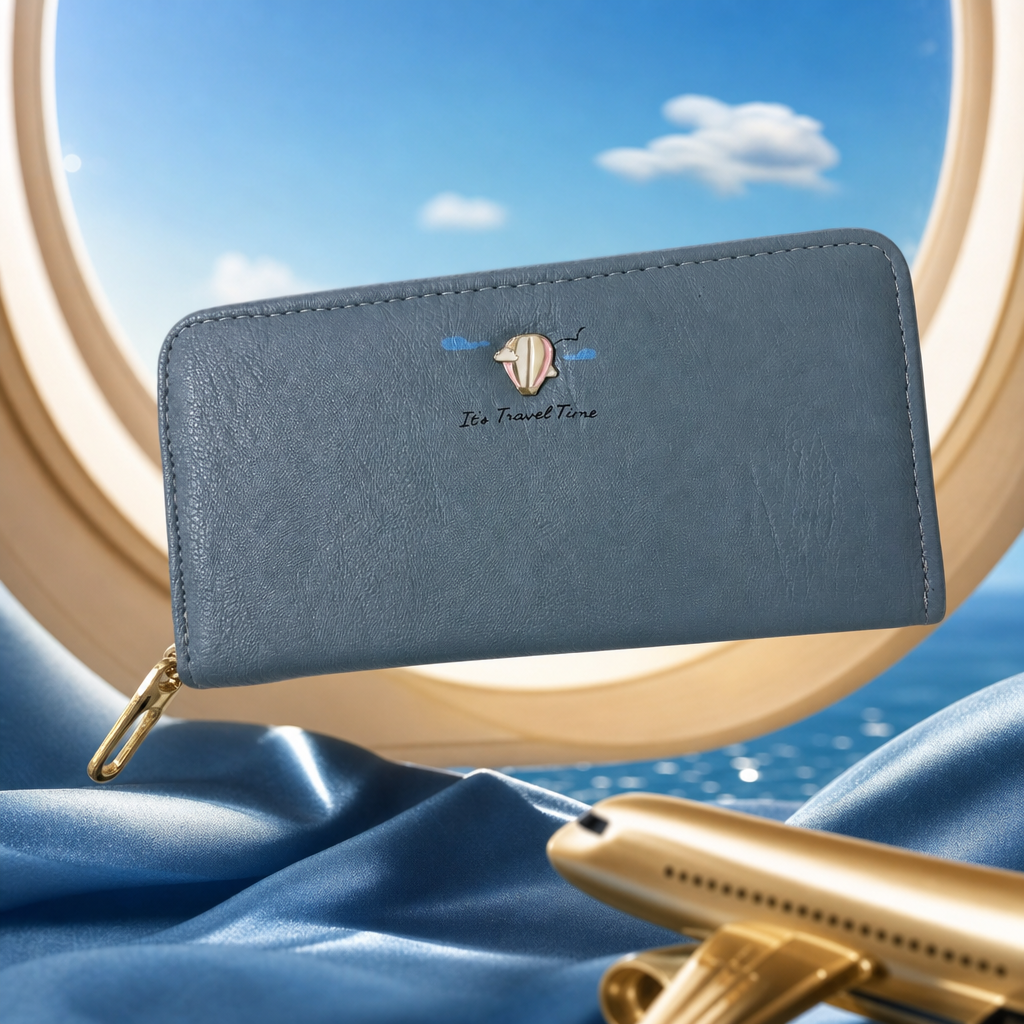 Blue genuine leather long wallet, unisex simple business casual style Specification image