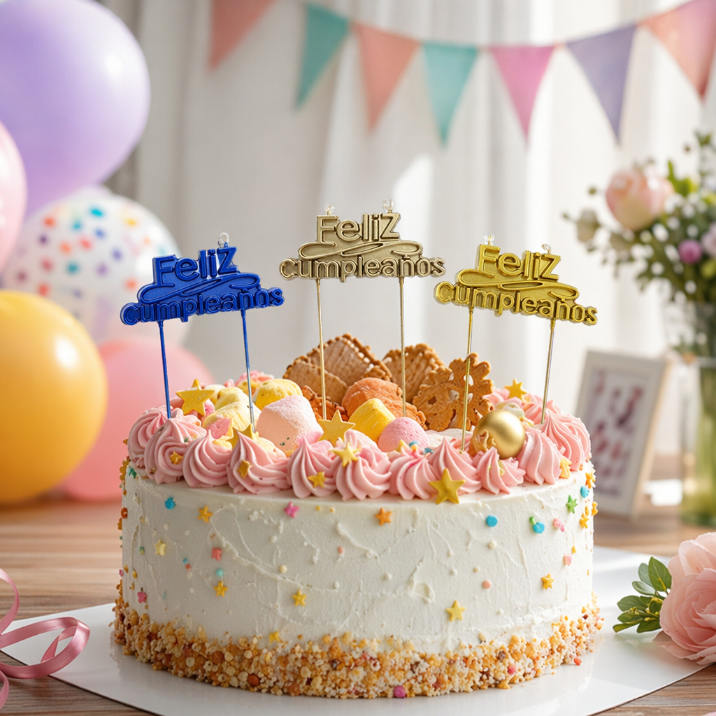 Feliz cumpleanos colorful birthday candles in three styles: blue, gold and yellow details Picture