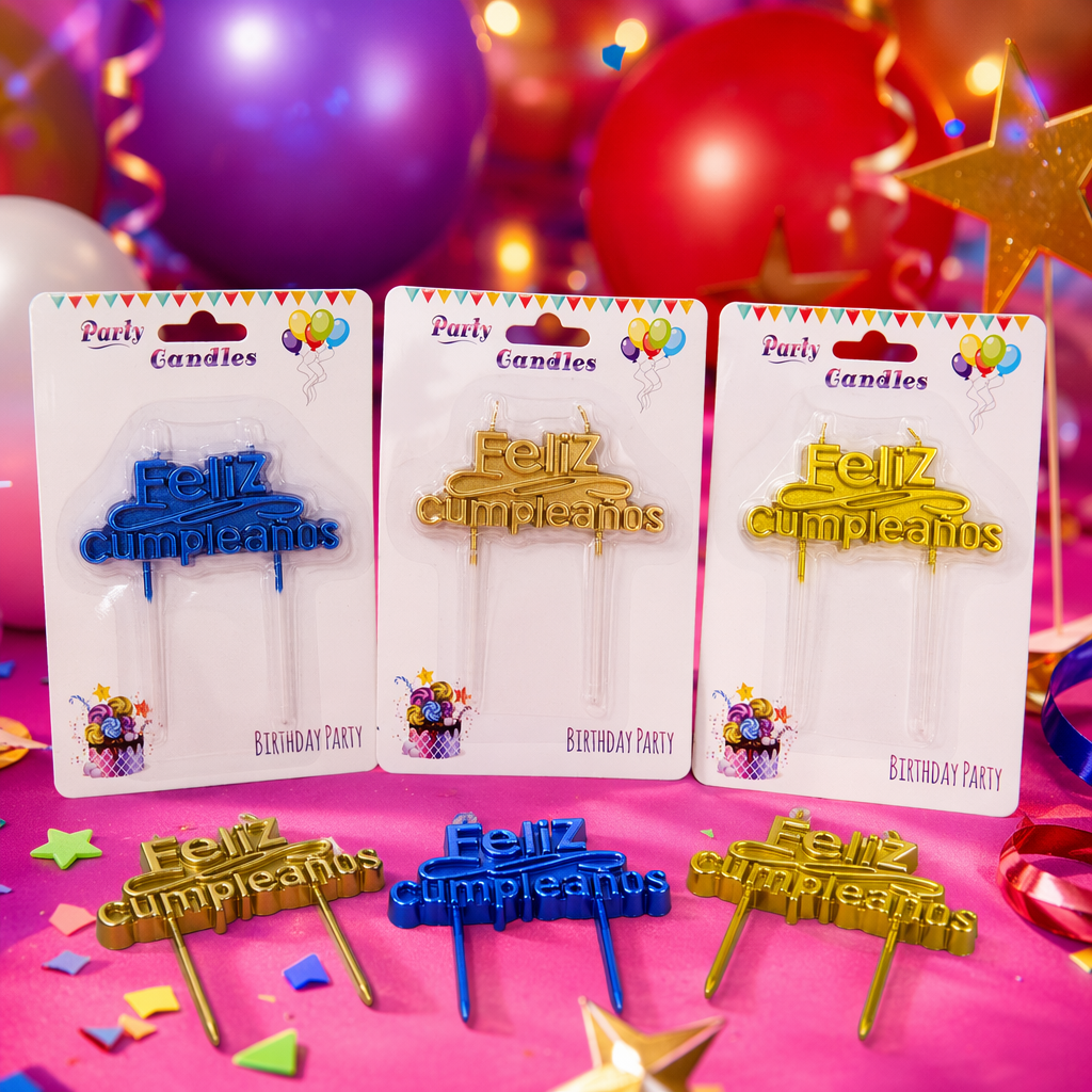 Feliz cumpleanos colorful birthday candles in three styles: blue, gold and yellow Specification image