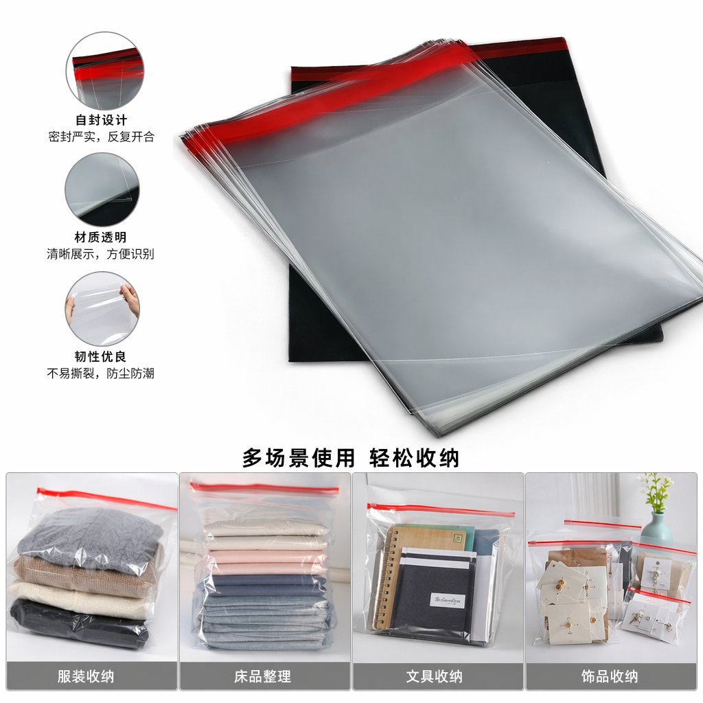 透明塑料袋带红色封口条加厚防漏密封保鲜袋
